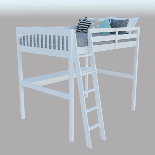 White Solid Wood Full Double Size Loft Bed with Desk and Storage