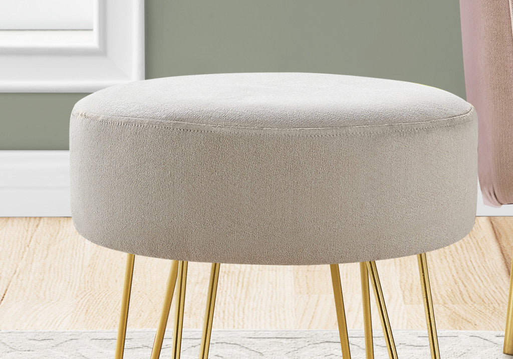 14" Beige Velvet And Gold Round Ottoman