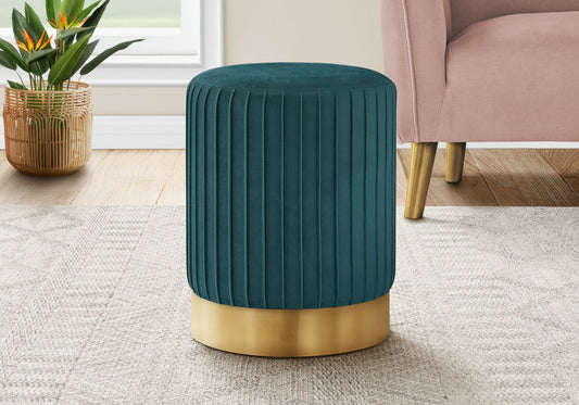 14" Teal Blue Velvet And Gold Round Ottoman