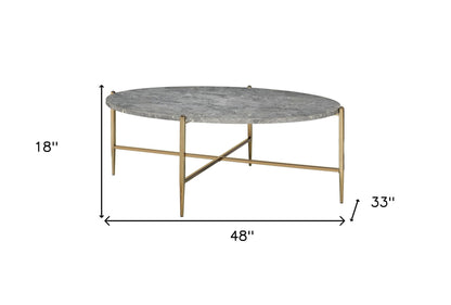 48" Gray And Champagne Faux Marble And Metal Oval Coffee Table