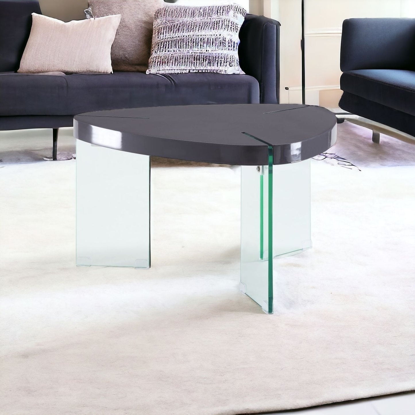 31" Clear Glass And Gray High Gloss Triangle Coffee Table