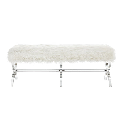 48" Cream And Clear Upholstered Faux Fur Bench