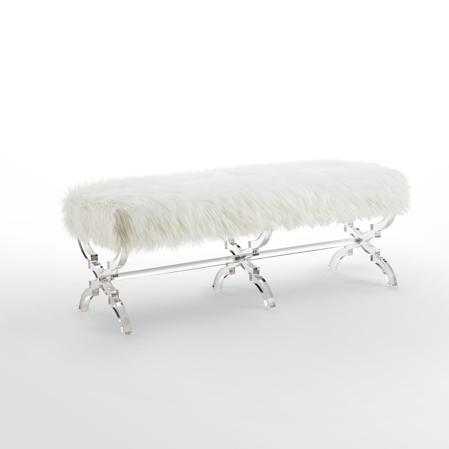 48" Cream And Clear Upholstered Faux Fur Bench