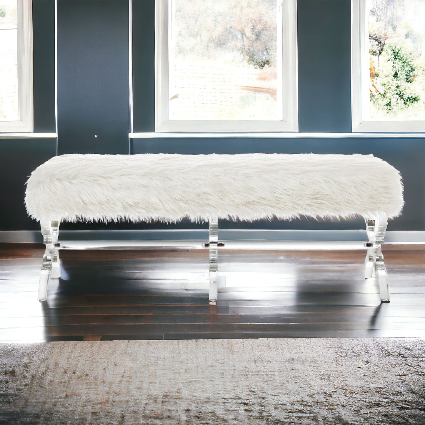 48" Cream And Clear Upholstered Faux Fur Bench