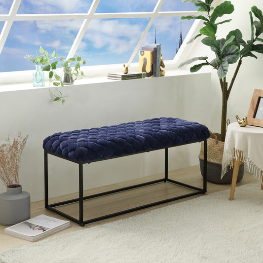 39" Navy Blue And Black Upholstered Velvet Bench