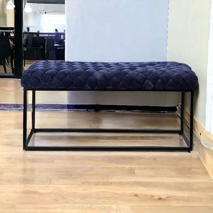 39" Navy Blue And Black Upholstered Velvet Bench