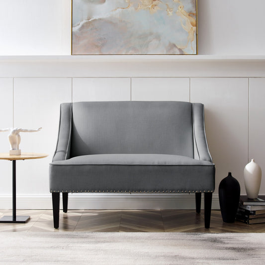 45" Light Gray And Black Upholstered Linen Bench