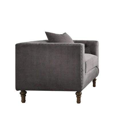 41" Gray And Brown Velvet Tufted Arm Chair