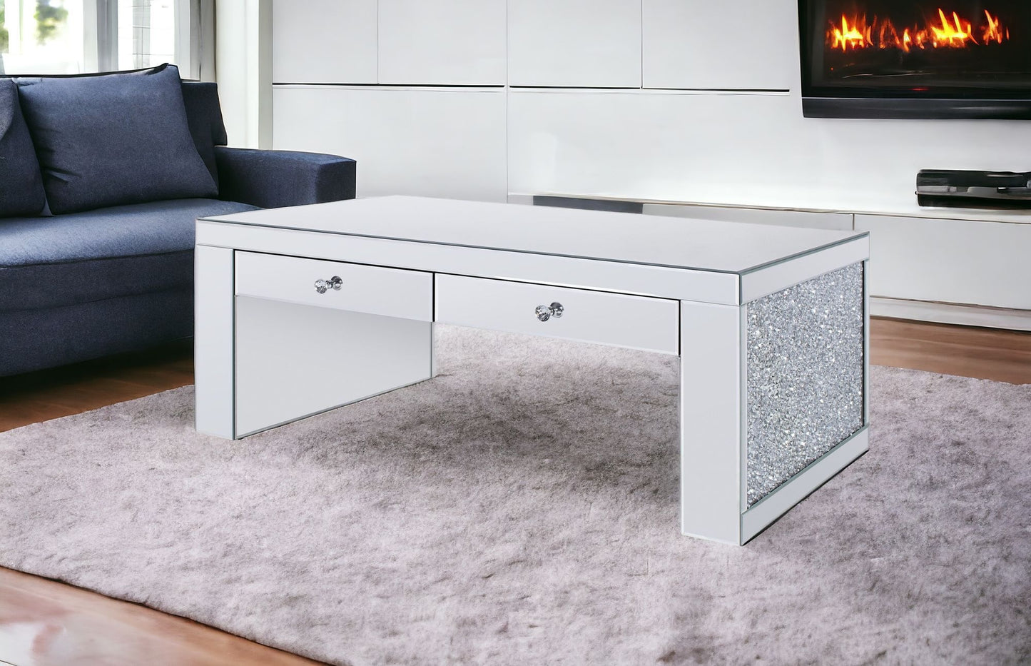 48" Silver Glass Mirrored Coffee Table With Two Drawers