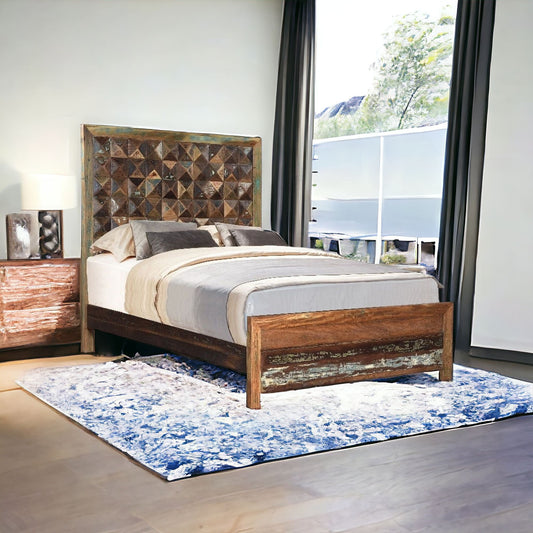 Solid Reclaimed Wood Queen Brown Geometric Panel Bed