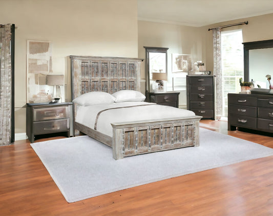 Solid Wood Panel and Metal Queen Gray Bed