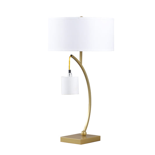 29" Gold Metal Two Light Arched Table Lamp With White Drum Shade