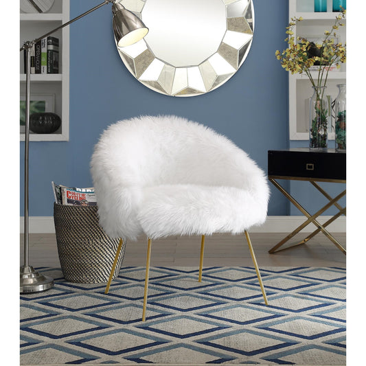 28" White And Gold Faux Fur Arm Chair