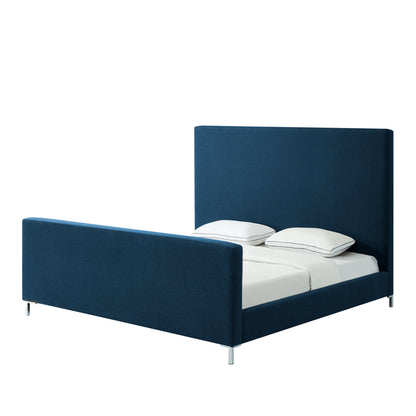 Denim Blue Solid Wood King Upholstered Linen Bed