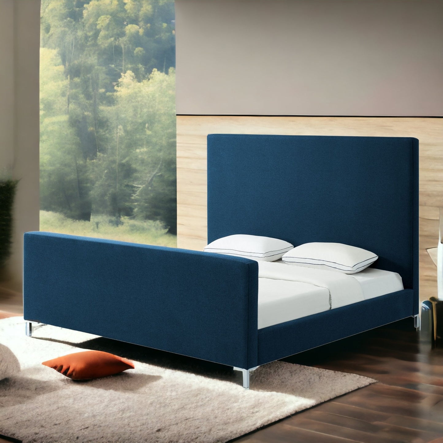 Denim Blue Solid Wood King Upholstered Linen Bed