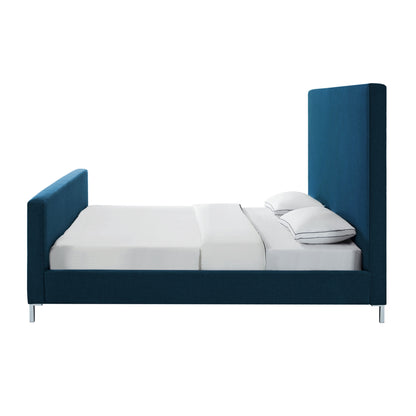 Denim Blue Solid Wood King Upholstered Linen Bed