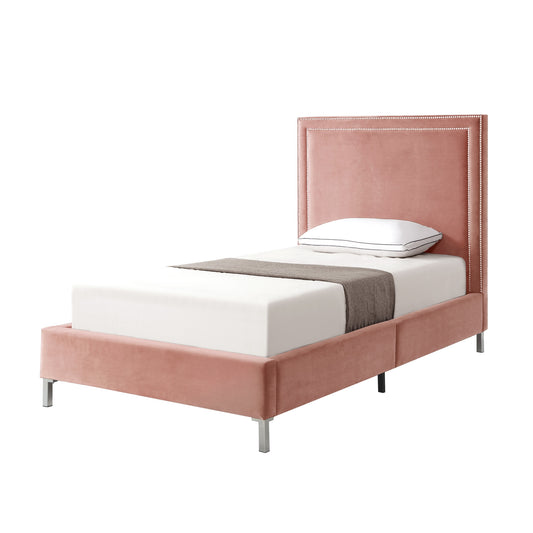 Blush Solid Wood Twin Upholstered Velvet Bed with Nailhead Trim