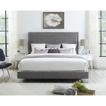 Gray Solid Wood King Upholstered Velvet Bed with Nailhead Trim