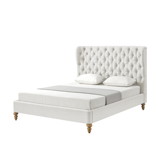 Cream Solid Wood Twin Tufted Upholstered Linen Bed