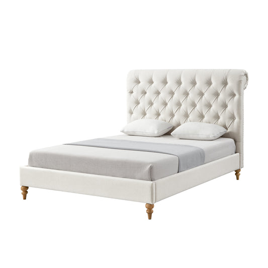 Cream Solid Wood Twin Tufted Upholstered Linen Bed with Nailhead Trim