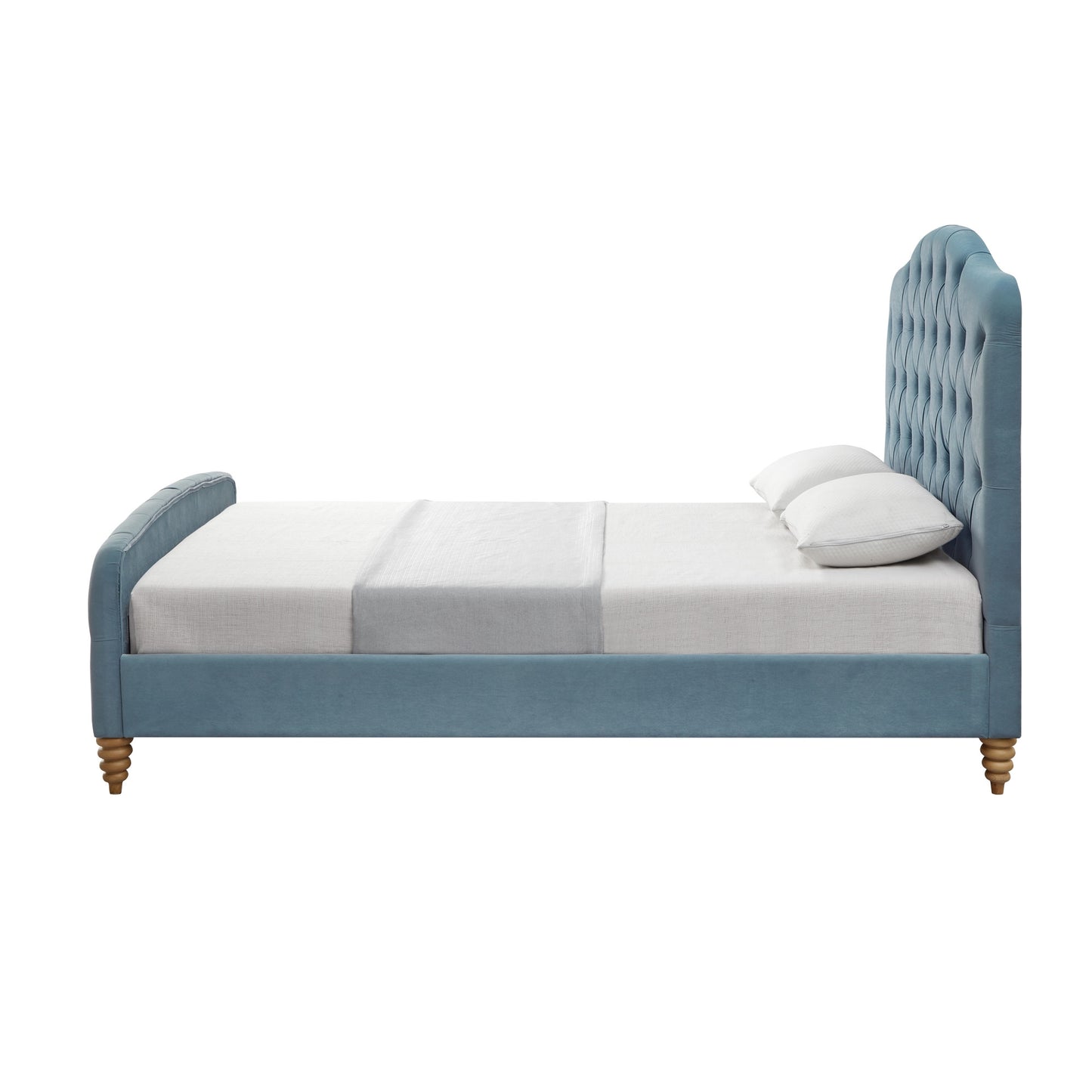 Light Blue Solid Wood King Tufted Upholstered Velvet Bed