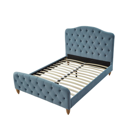 Light Blue Solid Wood King Tufted Upholstered Velvet Bed