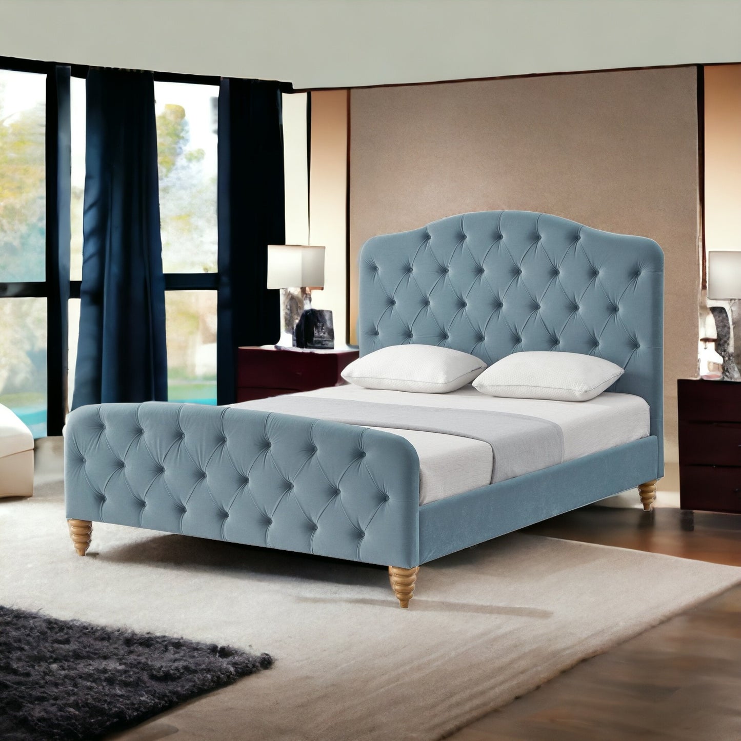 Light Blue Solid Wood King Tufted Upholstered Velvet Bed