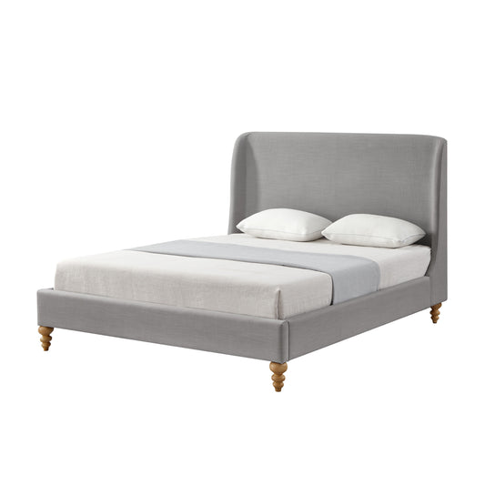 Gray Solid Wood Queen Upholstered Linen Bed