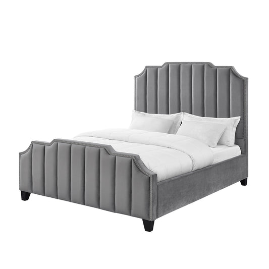 Solid Wood Queen Tufted Upholstered Velvet Bed with Nailhead Trim