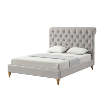 Gray Solid Wood King Tufted Upholstered Linen Bed with Nailhead Trim