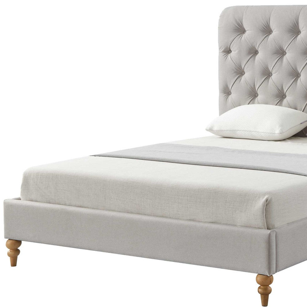 Gray Solid Wood King Tufted Upholstered Linen Bed with Nailhead Trim