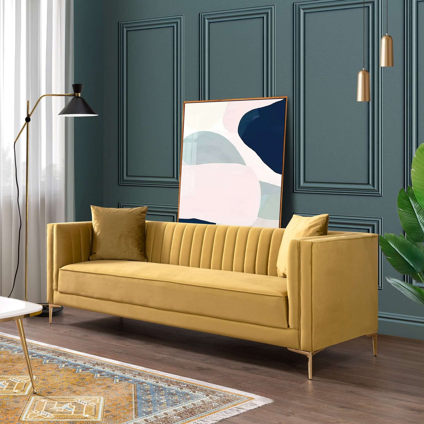 Angelina Modern Yellow Mustard Velvet Tufted Sofa