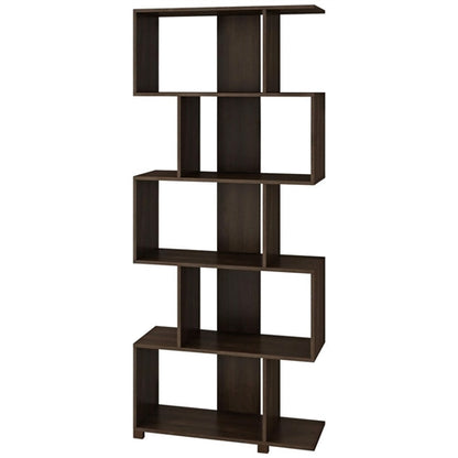 Modern Zig-Zag Bookcase with 5-Shelves in Dark Brown Finish