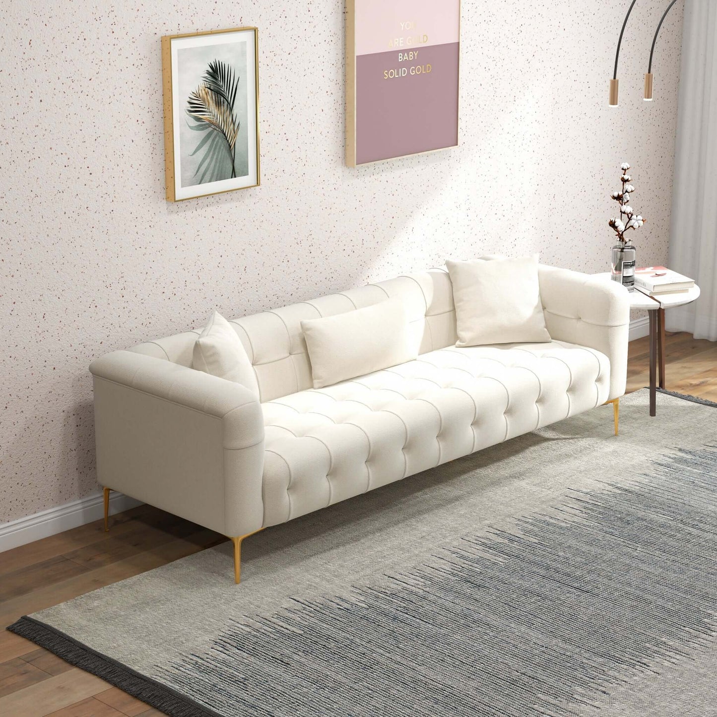 Alessandra Gold Plated Leg French Boucle Sofa in Cream