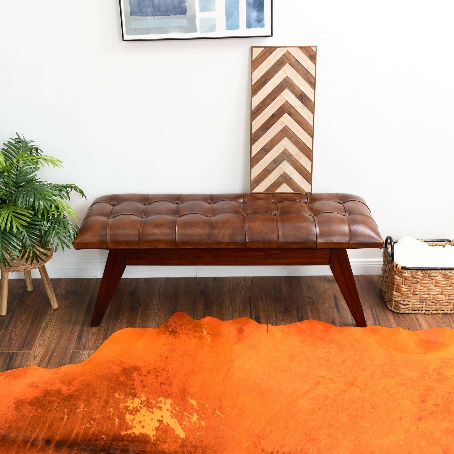 Niles Genuine Tan Leather Bench | Ashcroft Furniture | Houston TX | The Best Drop shipping Supplier in the USA