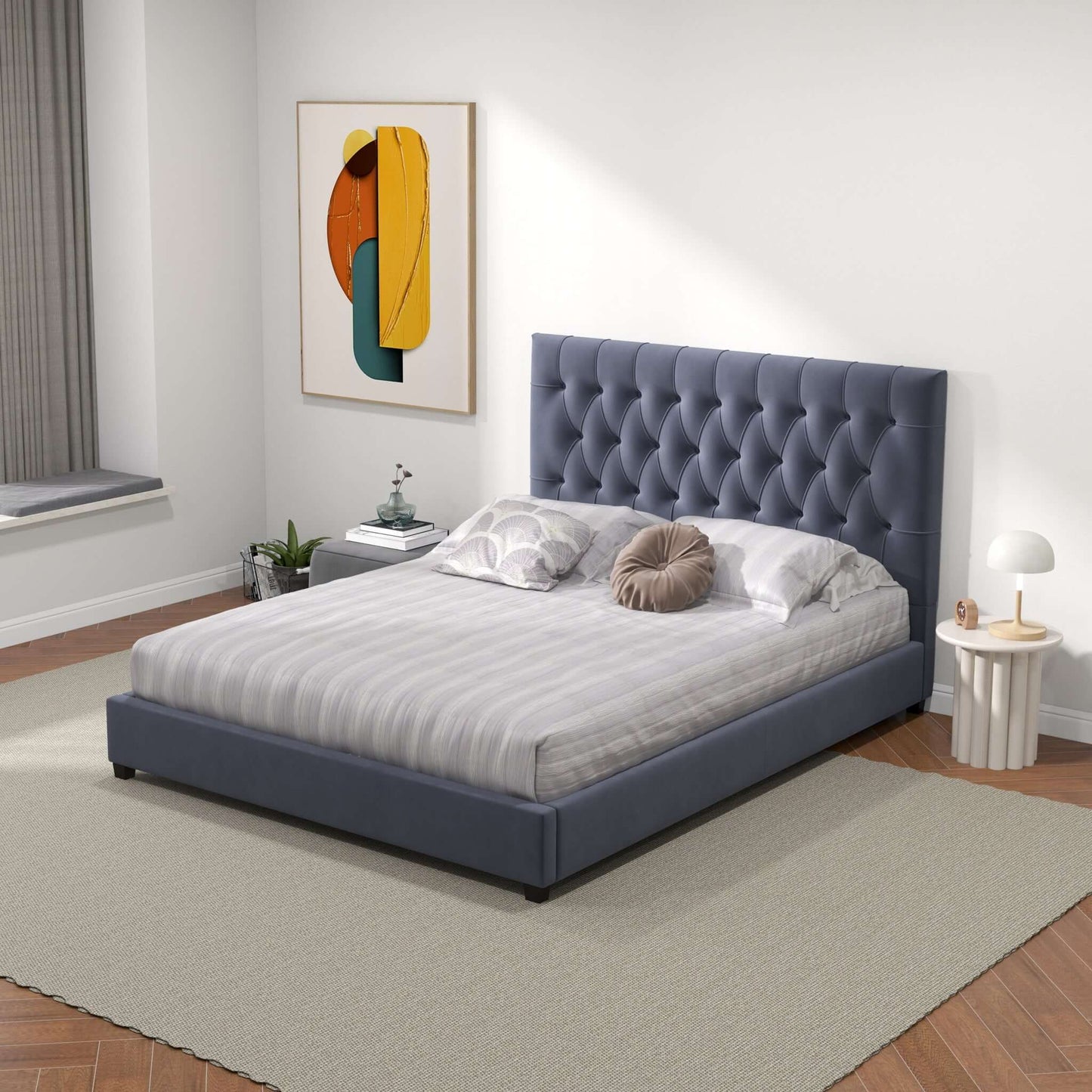 Donald Queen Size Grey Velvet Platform Bed | Ashcroft Furniture | TX | The Best Drop shipping Supplier in the USA