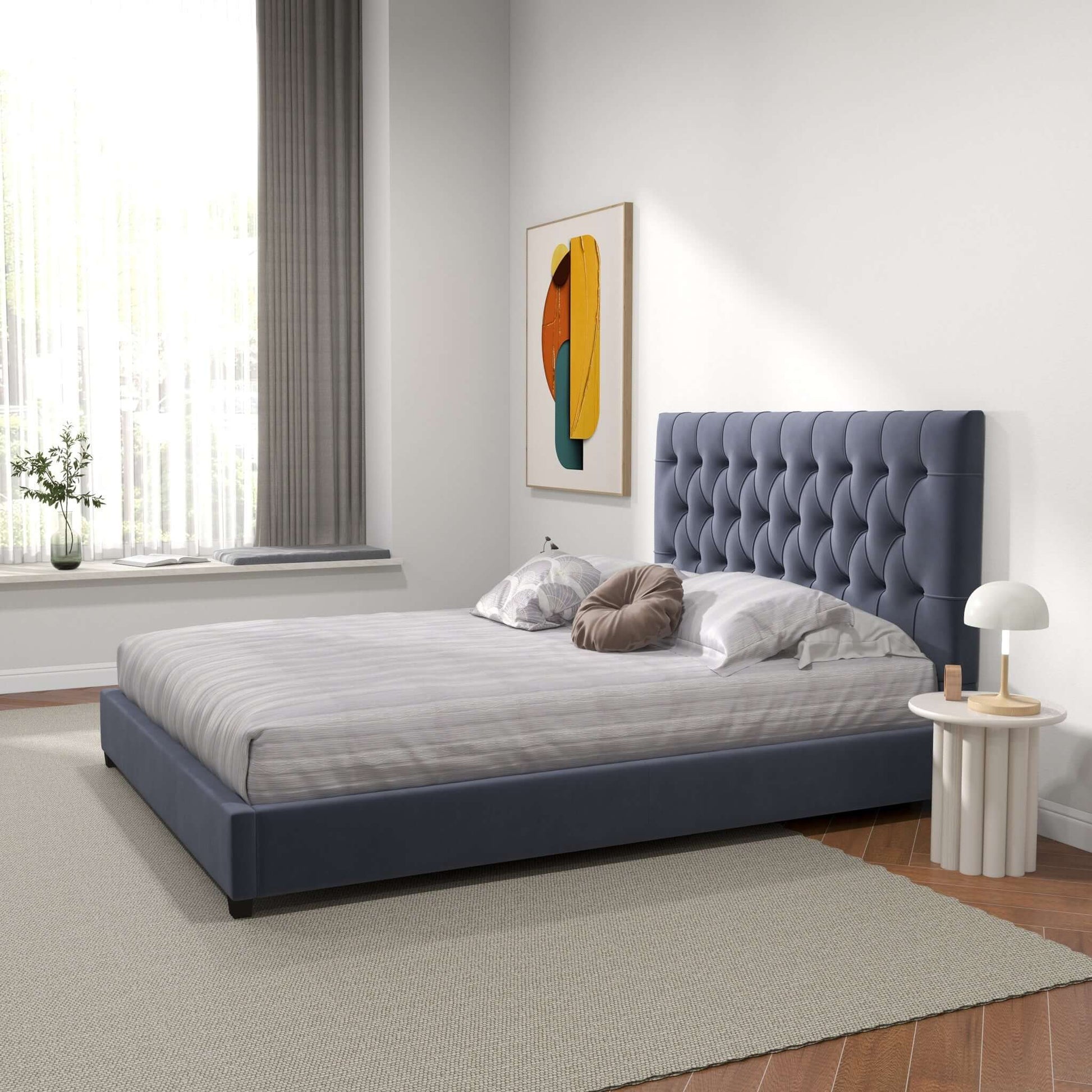 Donald Queen Size Grey Velvet Platform Bed | Ashcroft Furniture | TX | The Best Drop shipping Supplier in the USA